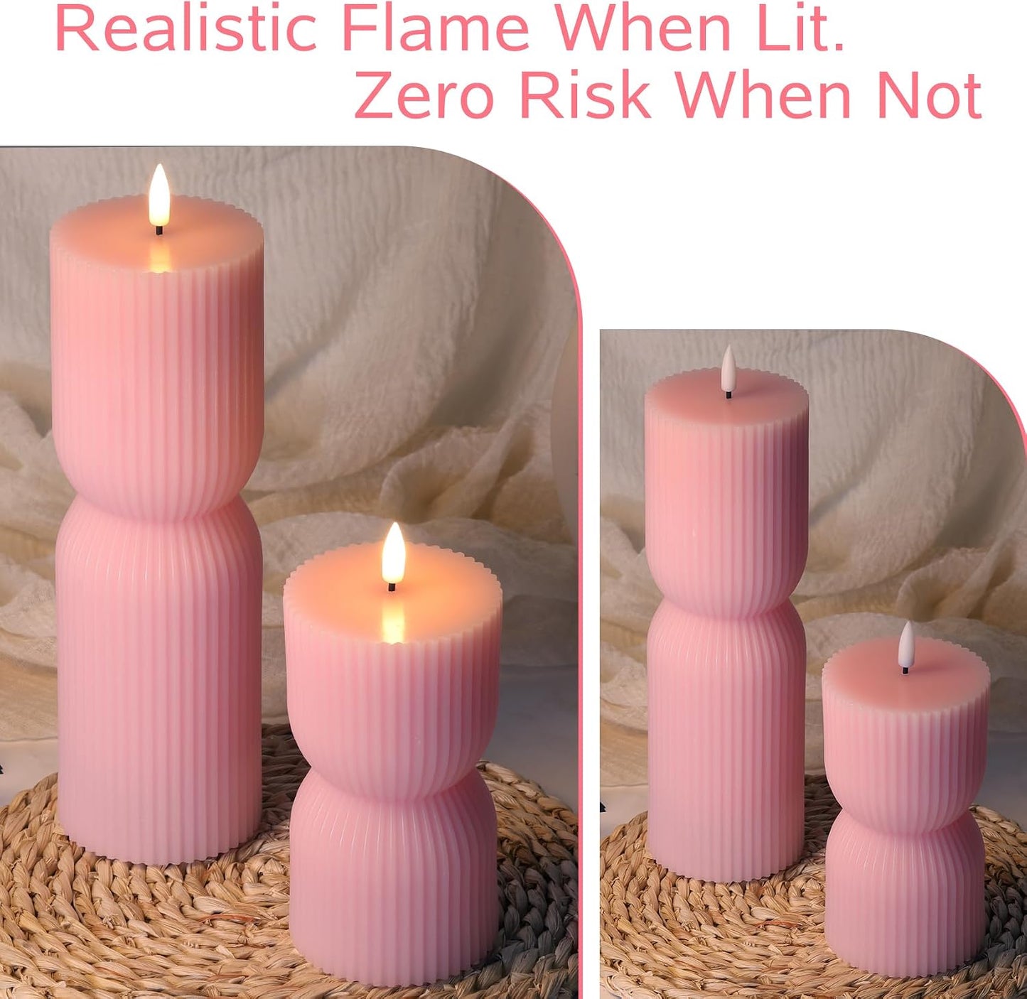 White Ribbed Flameless Pillar Candles with Remote, Real Wax Flickering Battery LED Candles Set of 2