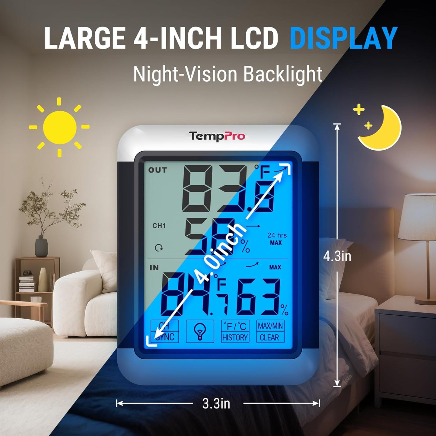 TempPro TP55 Digital Indoor Hygrometer Thermometer, 4-Inch Temperature/Humidity Monitor with Touchscreen and Backlit, Room Thermometer/Humidity Meter for House Home Greenhouse (Previously ThermoPro)