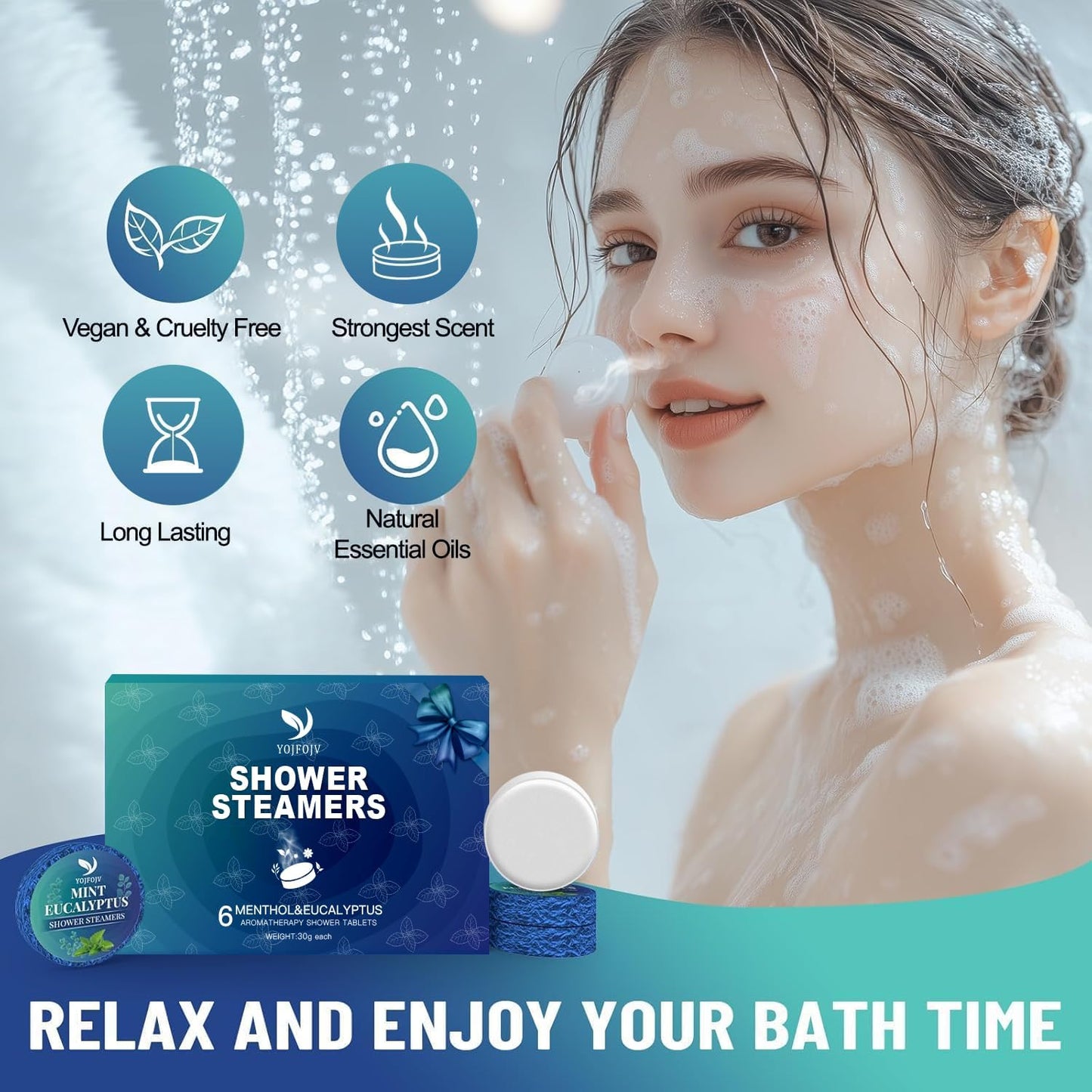 Shower Steamers Aromatherapy, 6PCS Enhanced Mint Shower Tablets with Natural Eucalyptus Essential Oil, Self-Care & Relaxation Gift Set for Women & Men, Daily Home Spa Shower, Calming Aromatherapy