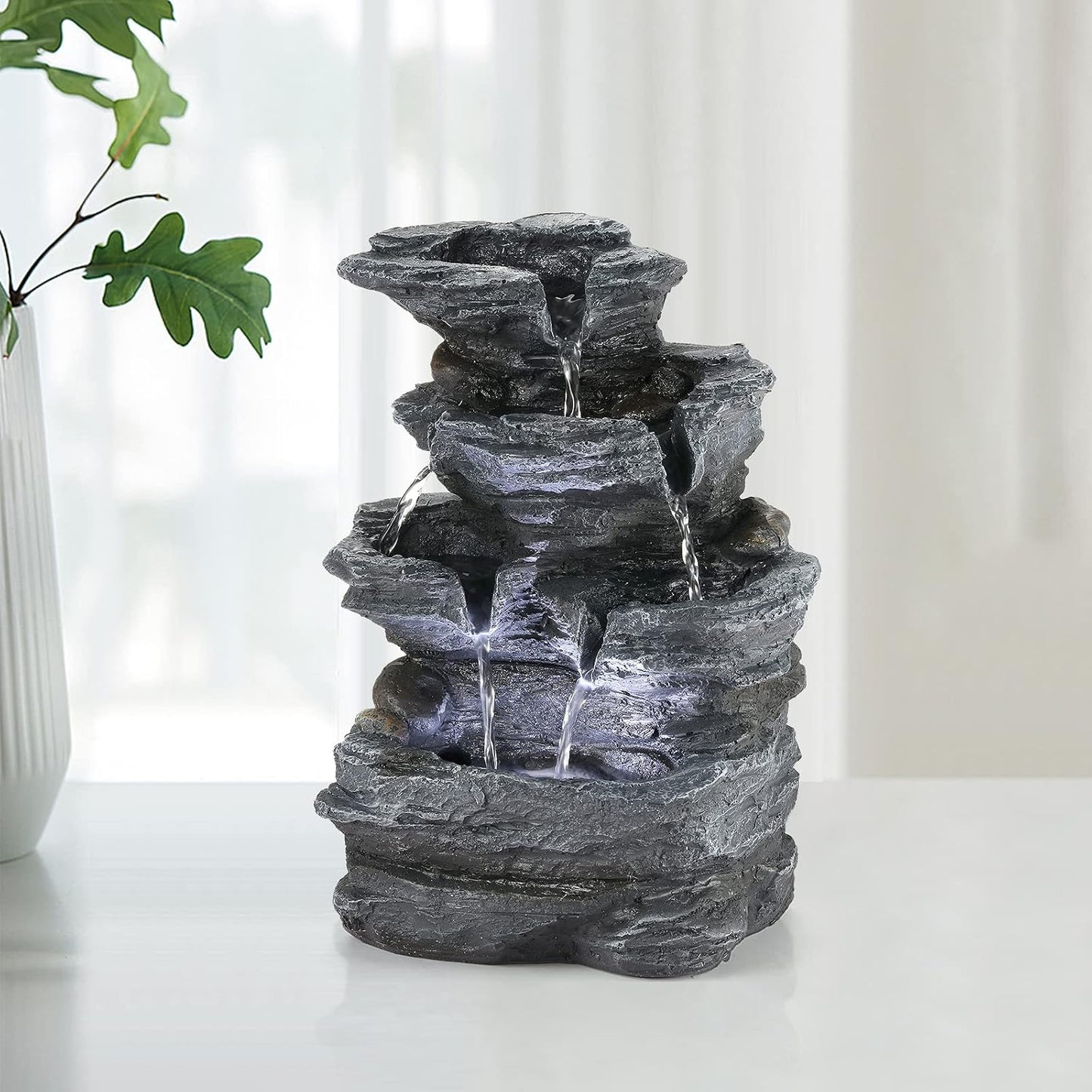 WICHEMI Indoor Fountain Tabletop Fountain Waterfall Fountains Stacked Rocks | Desktop Fountain With LED Light, Soothing Sound, Stress Relief, Humidifies Air, No Plumbing, Easy Setup, 11.8"X8.7"X5.9"