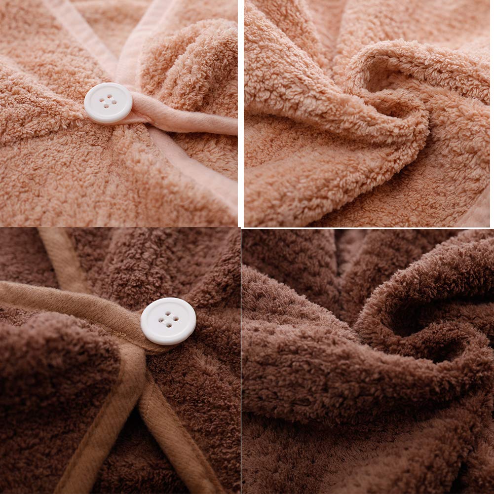 M-bestl 2 Pack Microfiber Hair Towel Wrap,Hair Drying Towel with Button,Quick Dry Hair Towel Turban for Women,Absorbent Anti-frizz Head Towel for Long Thick Curly Hair(Pink&Beige)