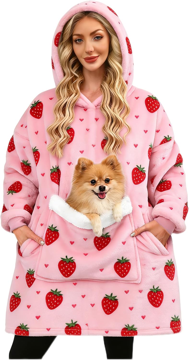 Wearable Blanket Hoodie Gifts for Women Men, Oversized Blanket Sweatshirt Cozy Fleece Blanket with Dog Giant Pocket