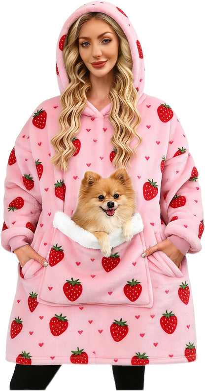 Wearable Blanket Hoodie Gifts for Women Men, Oversized Blanket Sweatshirt Cozy Fleece Blanket with Dog Giant Pocket