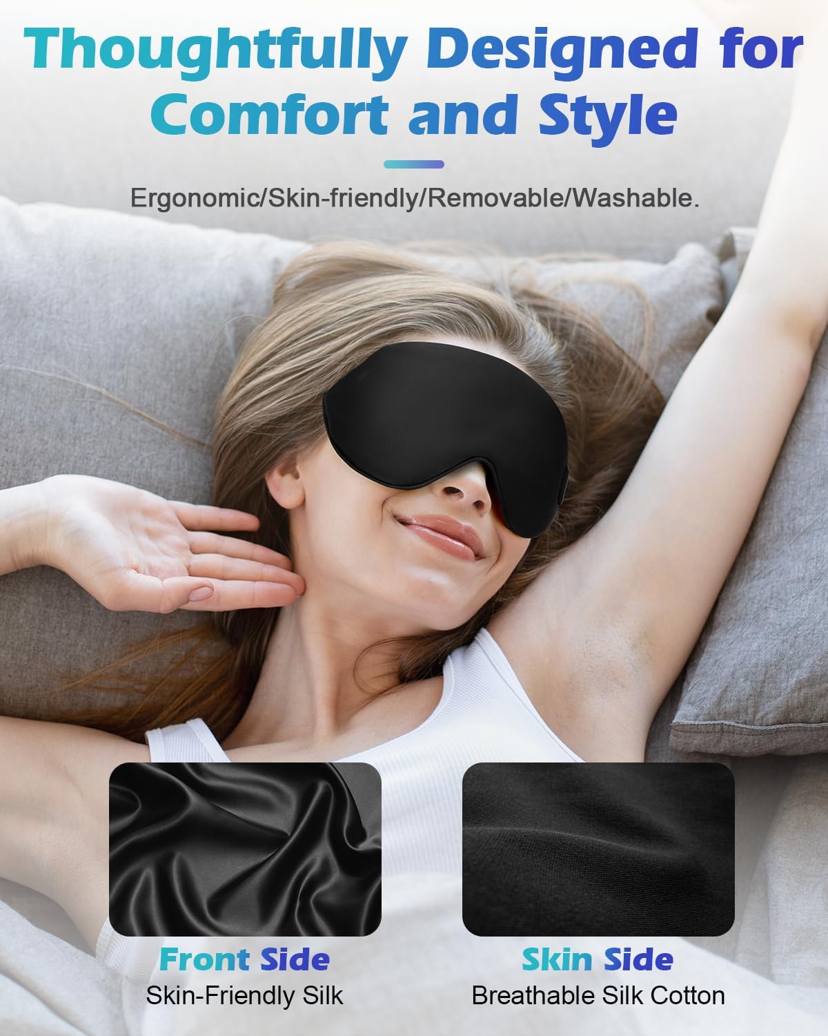 Silk Cordless Heated Eye Mask, Washable Sleep Mask Warm Compress Mask Soft Pressure Free Shade Blindfold Electric Eye Heating Pad for Blepharitis Sinus Stye Gifts for Men Women (Grey)