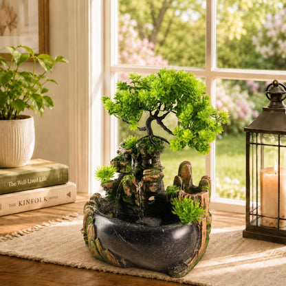 Indoor Tabletop Water Fountain with LED Light, Resin Rock-Look Waterfall Decor, Feng Shui Inspired Zen Fountain for Desk, Office, Bedroom, Living Room & Meditation Space (9" Cascading Rock)