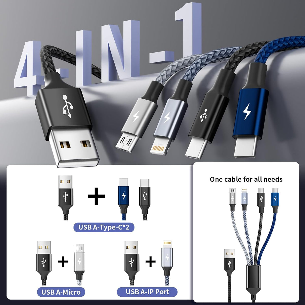 4 in 1 Multi Charging Cable, 5FT Charging Cords for Multiple Devices