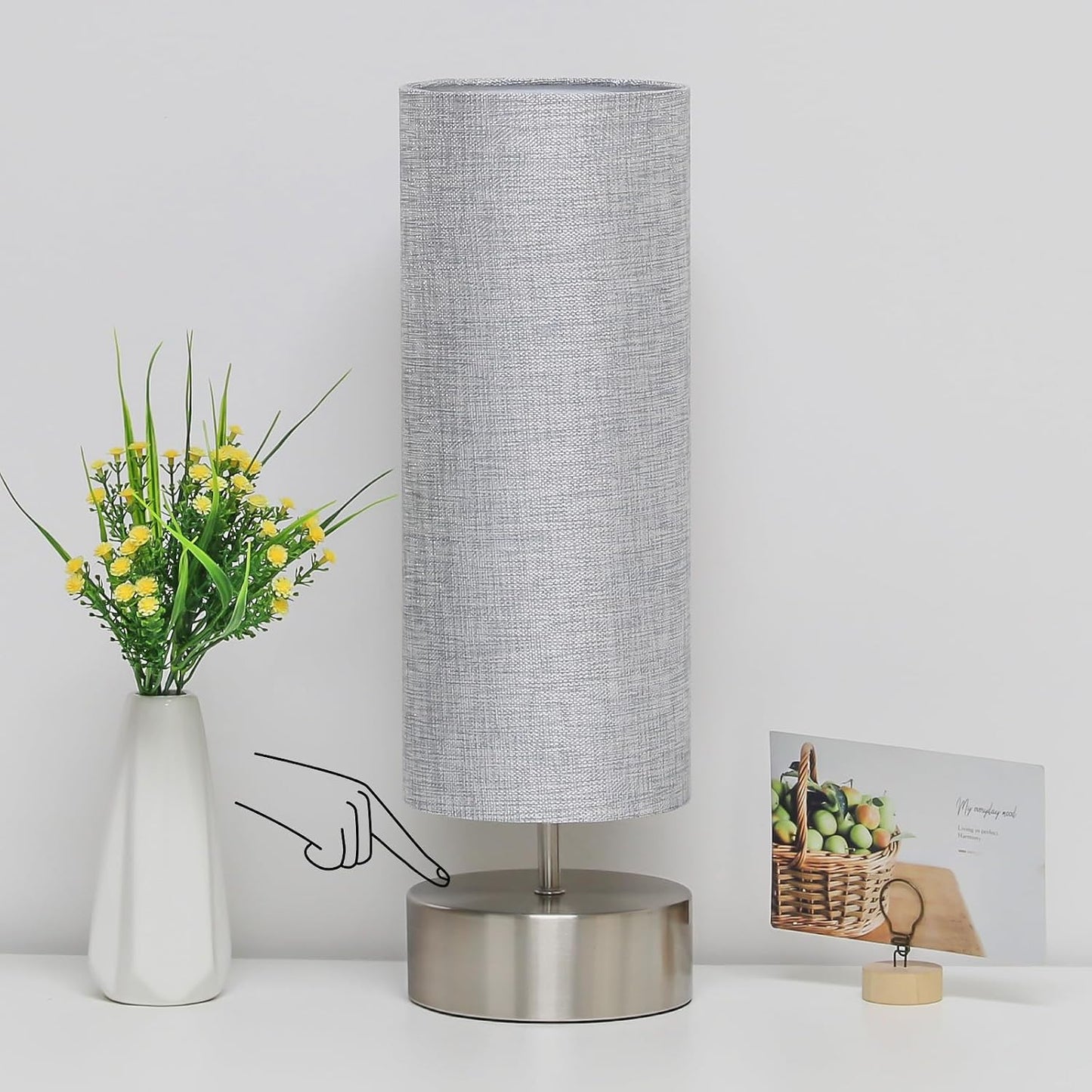 Touch Table Lamp, 3-Way Dimmable Modern Minimalist Accent Bedside Lamp with Cylinder Fabric Shade, Night Light Nightstand Desk Lamp for Bedroom Living Room Kitchen, 9W LED Bulb Included