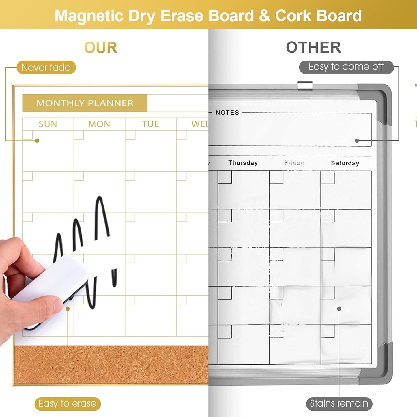 ARCOBIS Dry Erase Calendar with Cork Board for Wall, 24"x 18" Magnetic Calendar Whiteboard with Black Frame, Monthly Combination Board for School, Home, Office