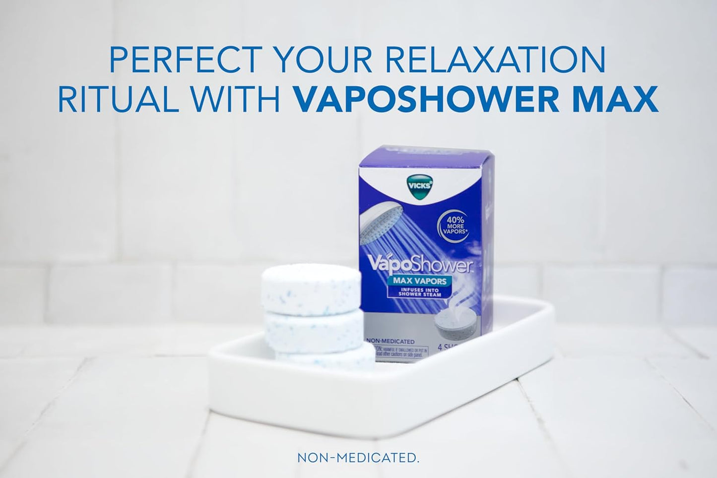 Vicks VapoShower Max Tablets, Non-Medicated Eucalyptus Shower Steamer Tablets, Menthol, Aromatherapy, 4ct