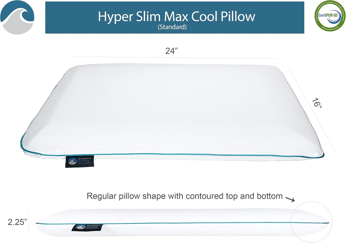 Bluewave Bedding Ultra Slim Max Cool CarbonBlue Gel Memory Foam Pillow for Stomach and Back Sleepers - Thin, Flat Design with Advanced Cooling (2.75-Inch Height, Standard Size)