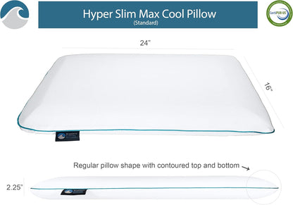 Bluewave Bedding Ultra Slim Max Cool CarbonBlue Gel Memory Foam Pillow for Stomach and Back Sleepers - Thin, Flat Design with Advanced Cooling (2.75-Inch Height, Standard Size)