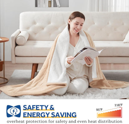 Sealy Electric Throw Blanket, Flannel & Sherpa Heated Throw with 6 Heating Levels & 2-10 Hours Auto Shut Off, Fast Heating & Machine Washable, 50x60 Inch, Light Grey