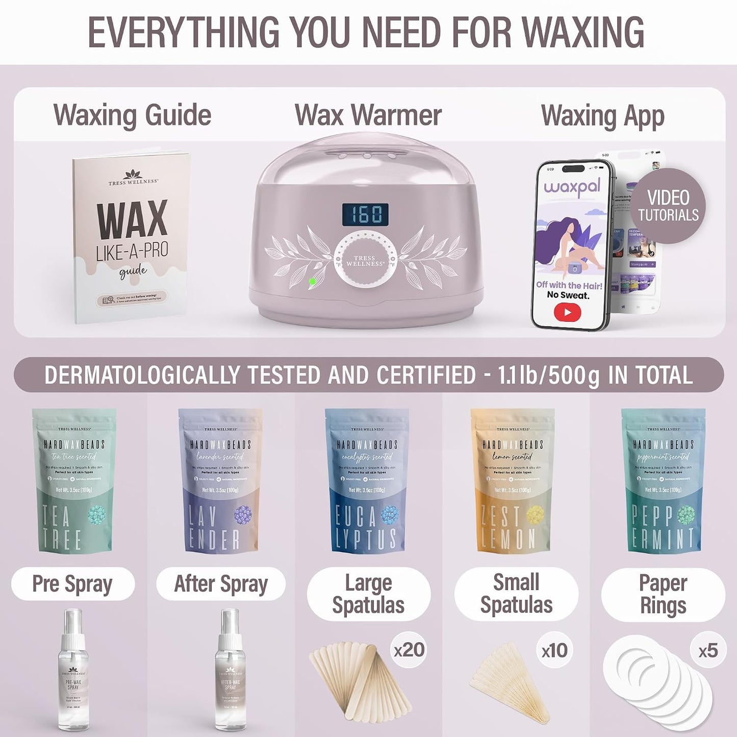Tress Wellness Award Winning Waxing Kit for Sensitive Skin, Safe for Face & Skin, Easy to Use, At-Home Kit for Face, Bikini, Brazilian & Full Body - Digital Display, Black Purple Flower