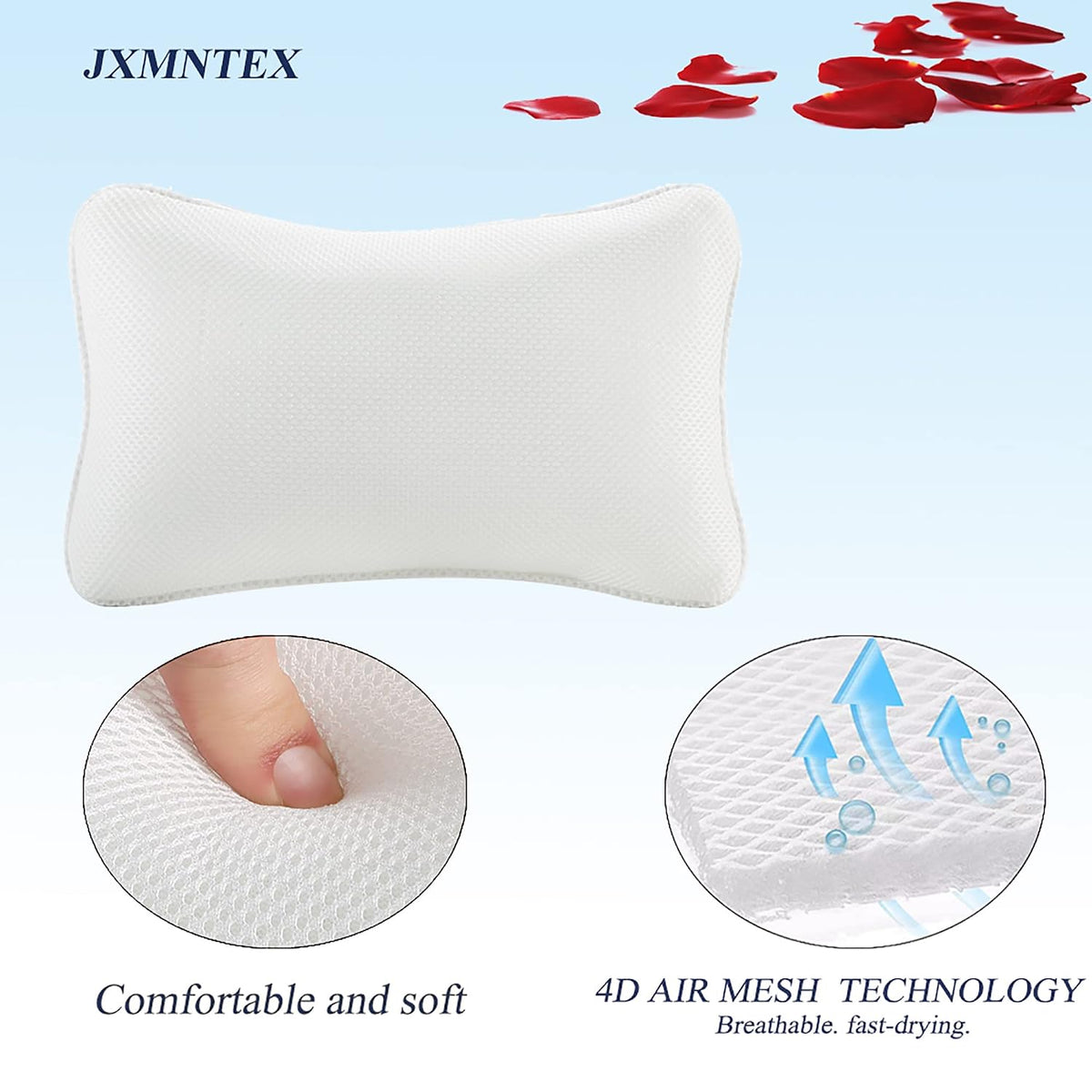Bathtub Pillow, Non Slip, Breathable Soft, Comfortable Head Neck Support, Machine Washable, 2 Large Suction Cups (White)