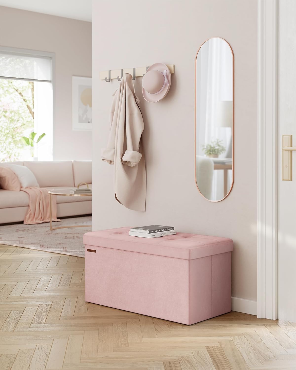 SONGMICS Mazie Collection - Storage Ottoman Bench, Foldable Foot Rest, 15 x 43 x 15 Inches, End of Bed Bench, Storage Chest, Load 660 lb, Living Room, Bedroom, Entryway, Jelly Pink ULSF277R01