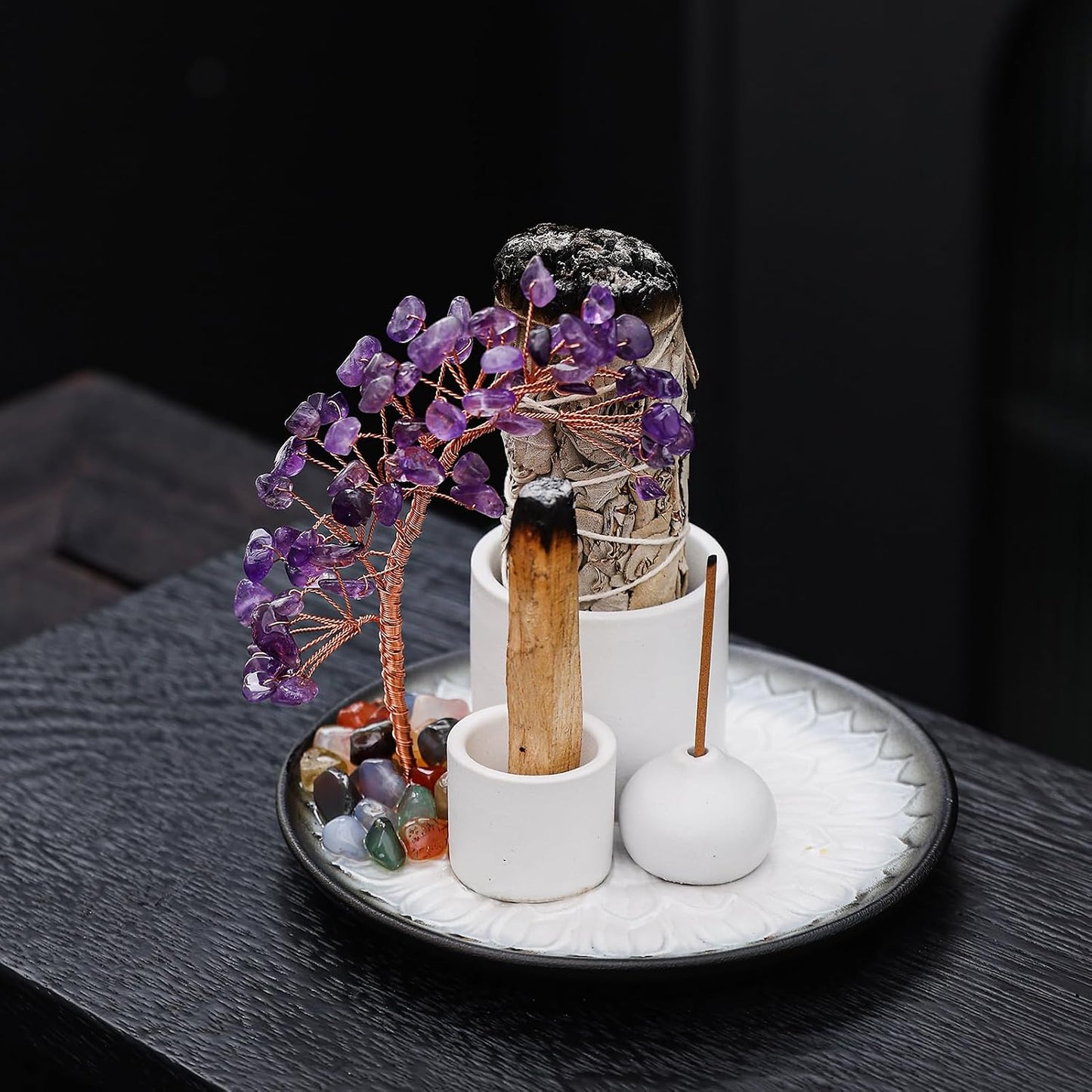 5 in 1 Incense Burner Holder with Crystal Healing Tree, Palo Santo Holder, Sage Holder, Incense Holder for Sticks/Cones/Candles, Ceramic Tray Ash Catcher for Burning Incense, Meditation Gift