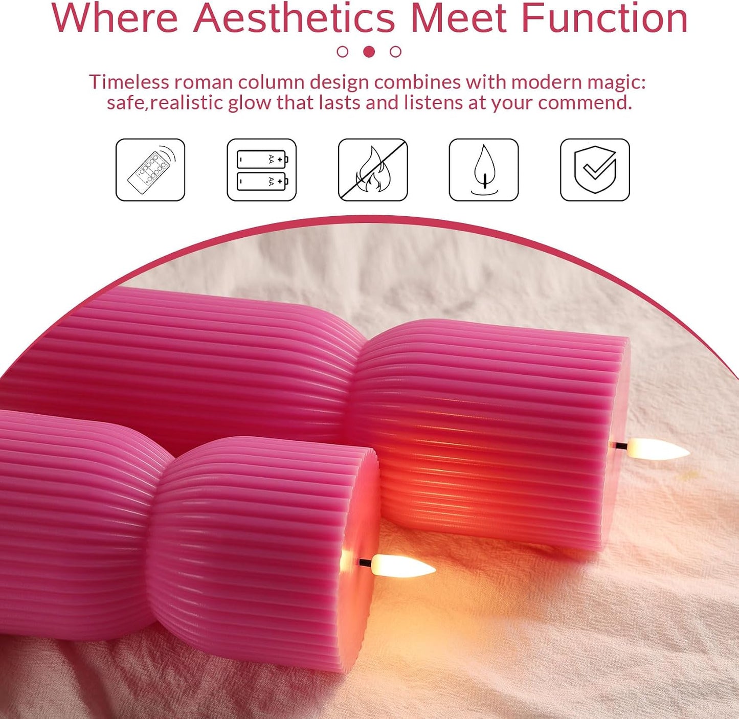 White Ribbed Flameless Pillar Candles with Remote, Real Wax Flickering Battery LED Candles Set of 2