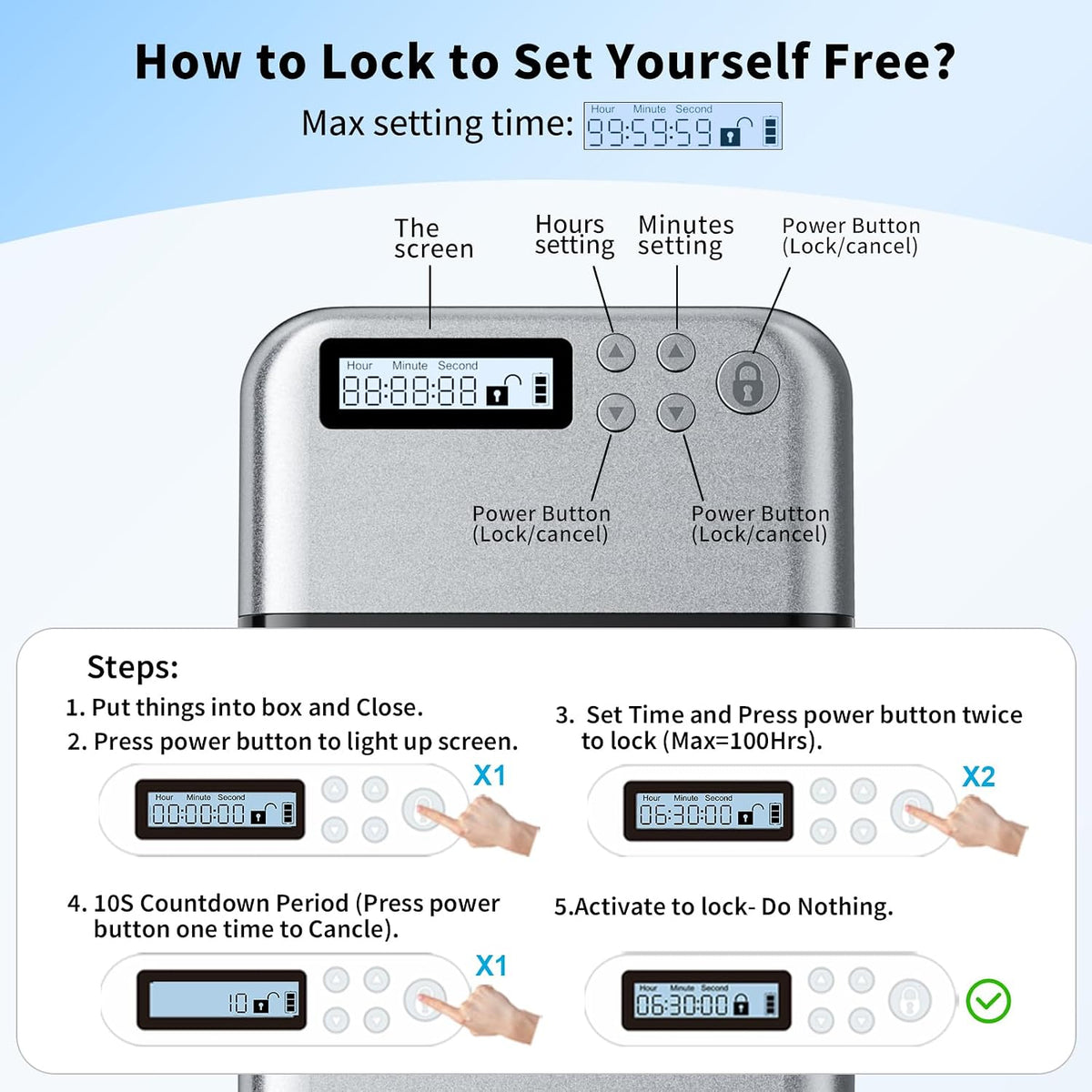 iDiskk Silver Metal Timed Phone Lock Box, Self-Control Timer Locker