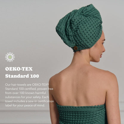 Luxury Organic Japanese Cotton Hair Drying Waffle Towel Wrap for Women | Absorbent, Quick-Dry Head Turban for Shower, Sauna, Spa | Extra Large for Long, Curly, Straight Hair With Button (White, 1 Pc)