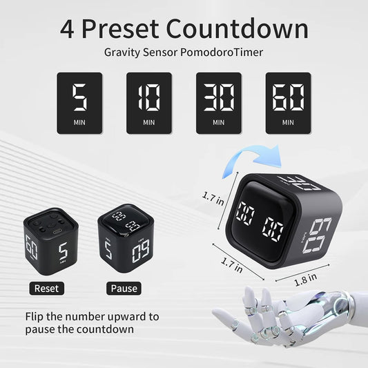 Productivity Timer Flip Gravity Sensor Cube Timer Countdown & Countup,Mute & Vibrate & Sound，5/10/30/60min & Custom Timing, Perfect for ADHD,Work,Learning,Kitchen Cooking (1White)