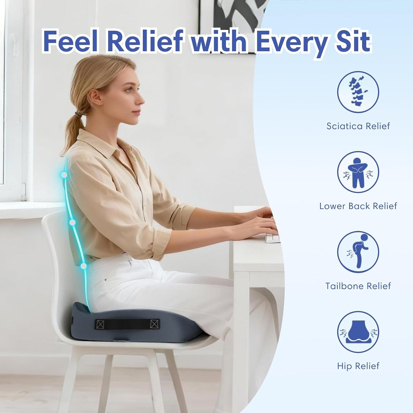 Large Memory Foam Seat Cushion for Office Chair, Car, Truck & Wheelchair - Sciatica, Coccyx & Tailbone Pain Relief Cushion for Long Sitting & Driving