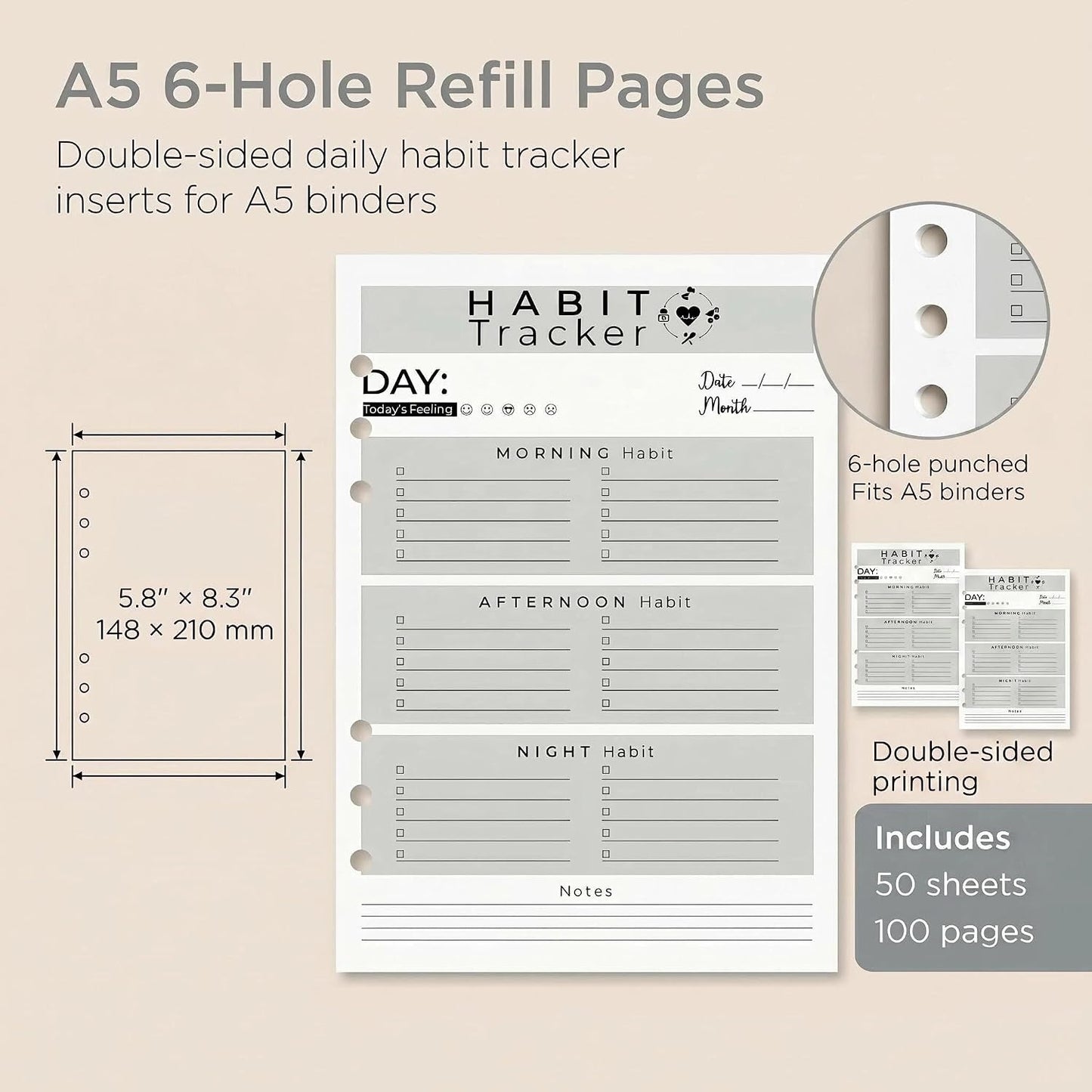 A5 Weekly Habit Tracker Inserts - Motivation & Rewards Pages for Weekly Goals and Consistency, Double-Sided 6-Hole Refill for A5 Binders, 50 Sheets, 100 Pages