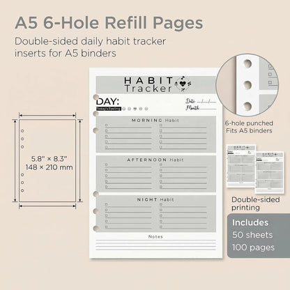 A5 Weekly Habit Tracker Inserts - Motivation & Rewards Pages for Weekly Goals and Consistency, Double-Sided 6-Hole Refill for A5 Binders, 50 Sheets, 100 Pages