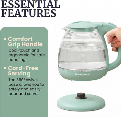 Elite Gourmet 1L Glass Electric Water Kettle, BPA-Free Fast Boil, Mint
