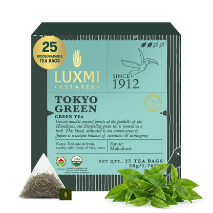 Luxmi Estates Tokyo Green Organic Green Tea (25 Tea Bags) Tea Bags For Relaxing, Calming, and Stress Relief, With Certified Organic Darjeeling Makaibari Green Tea