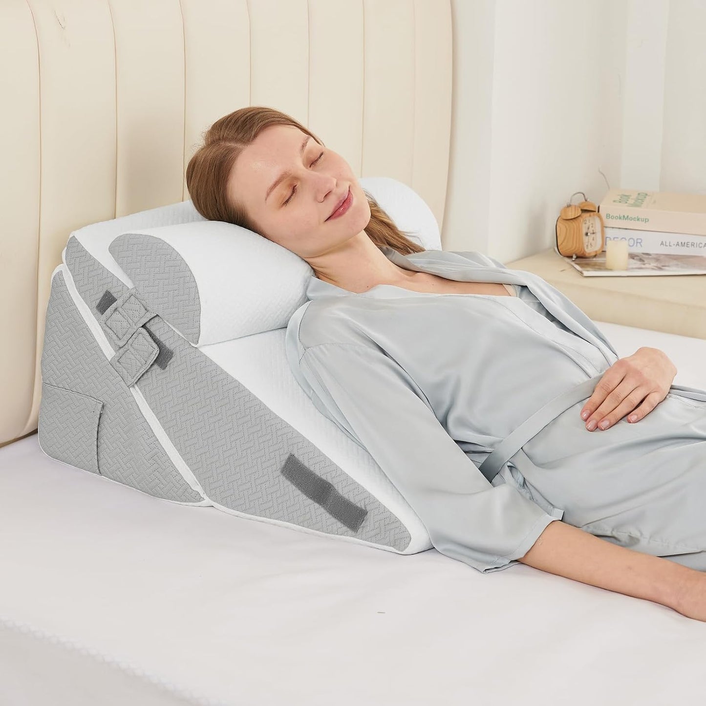 Sasttie Wedge Pillow Set for After Surgery, 2PCS Adjustable Bed Wedge Pillow Headboard with Memory Foam Neck Cushion – for Acid Reflux, Sleeping, Neck & Back Support, Dark Grey & White