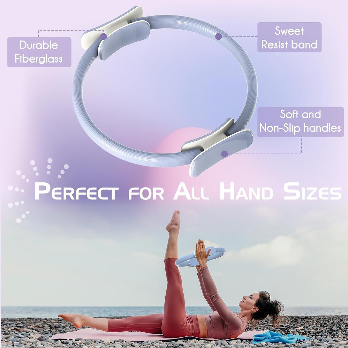 Pilates Ring Set: 35cm Magic Circle with Dual Padded Handles, Pilates Mini Ball, and Resistance Bands (15, 25, 35 lbs) for Strength, Flexibility, Stability, and Body Toning