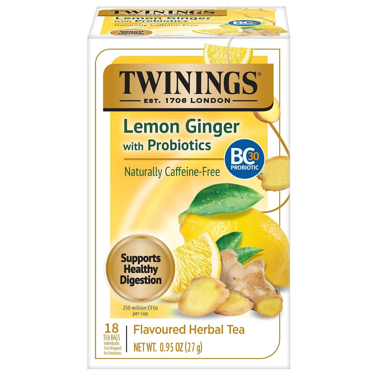 Twinings Lemon & Ginger with Probiotics Herbal Tea Bags, 18 CT Box (1 Pack)