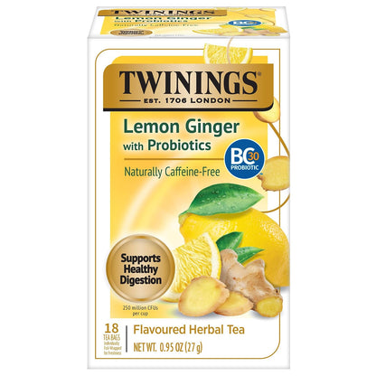 Twinings Lemon & Ginger with Probiotics Herbal Tea Bags, 18 CT Box (1 Pack)
