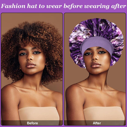 4PCS Silk Satin Bonnets for Black Women & Men - Elastic Wide Band Hair Wrap Cap for Curly Hair - Shower Cap for Sleeping (Black, Peacock Blue, Pink, Khaki)