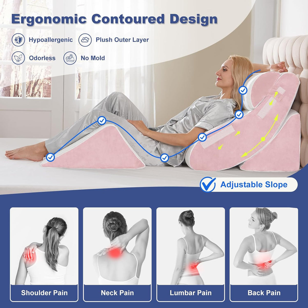 4PCS Orthopedic Bed Wedge Pillow Set for Sleeping, Post Surgery Foam Support Pillows for Back, Neck and Leg Pain Relief, Adjustable Triangle Pillow – Acid Reflux, GERD & Snoring Recovery, White Grey
