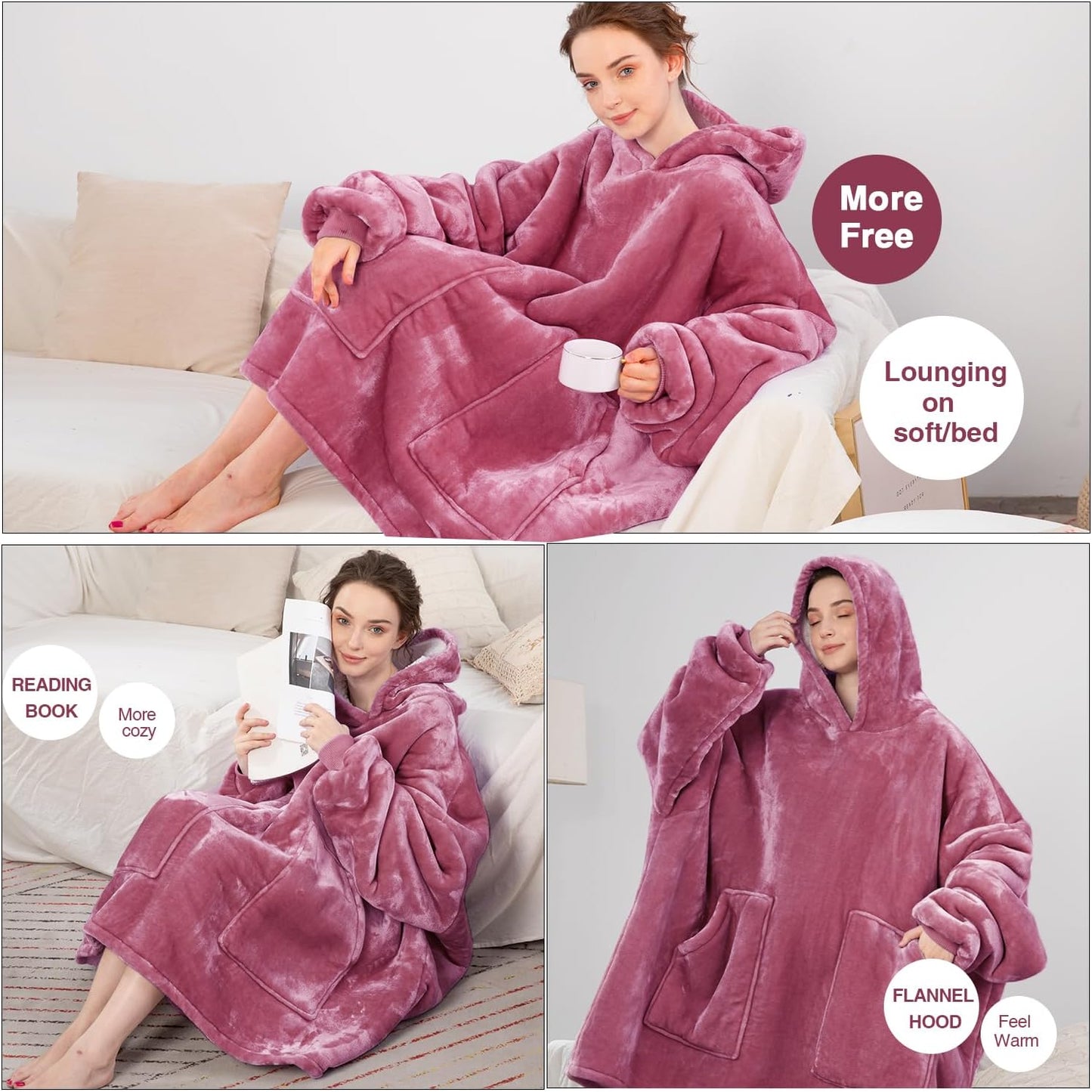 Aemicion Strawberry Blanket Hoodie,Oversized Sherpa Wearable Hooded Blanket,Warm Cozy Sweatshirt Gifts for Women Girls Adult