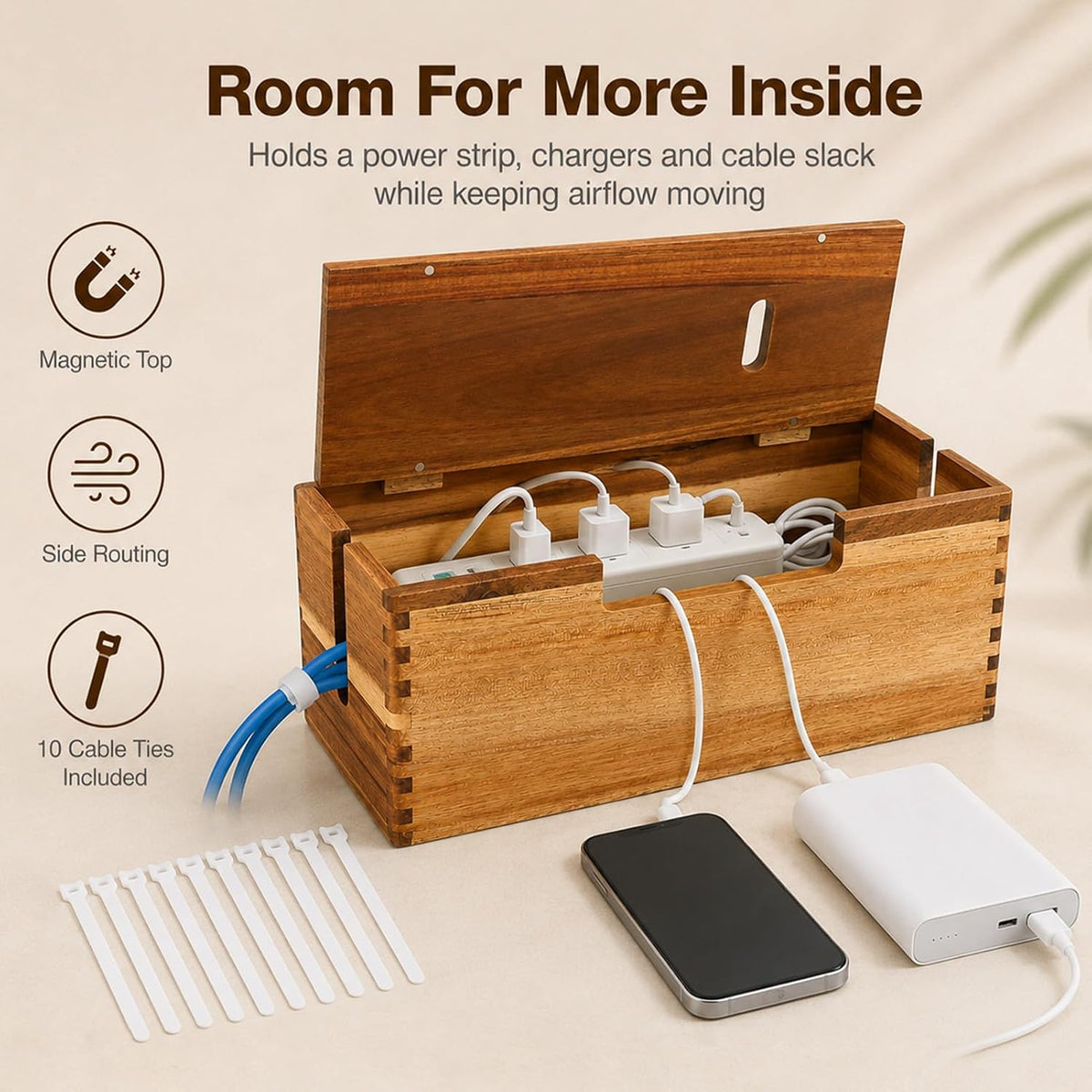 Acacia Wood Cable Management Box,Office Under Desk Cable Storage Box for Wire, Cord Hider Organizer for Power Strip, Electrical Hiding, TV Wires, Desk & Floor Cables