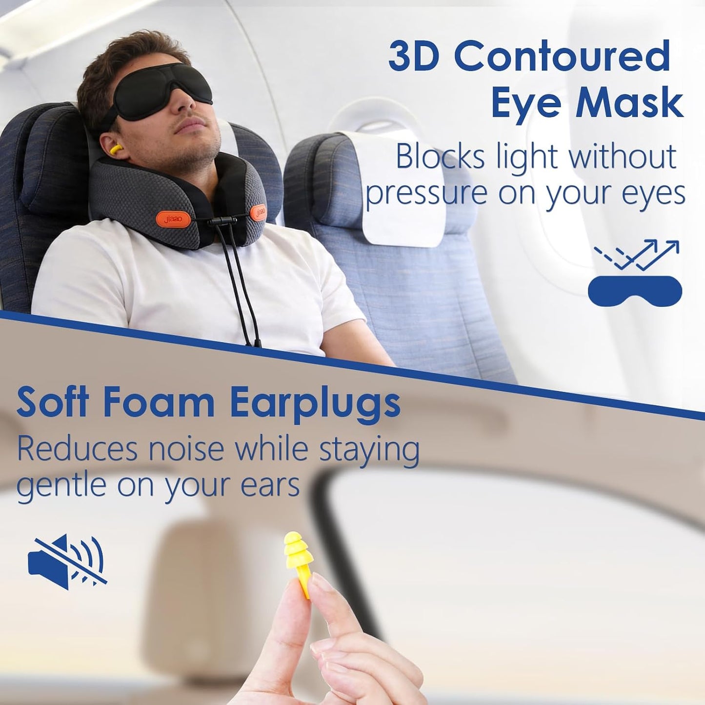 jiaao Travel Pillow Memory Foam Neck Pillow for Airplanes with Adjustable Neck Support, Includes Eye Mask, Earplugs & Storage Bag - Perfect for Flights, Road Trips, and Trains