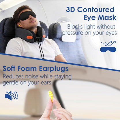 jiaao Travel Pillow Memory Foam Neck Pillow for Airplanes with Adjustable Neck Support, Includes Eye Mask, Earplugs & Storage Bag - Perfect for Flights, Road Trips, and Trains