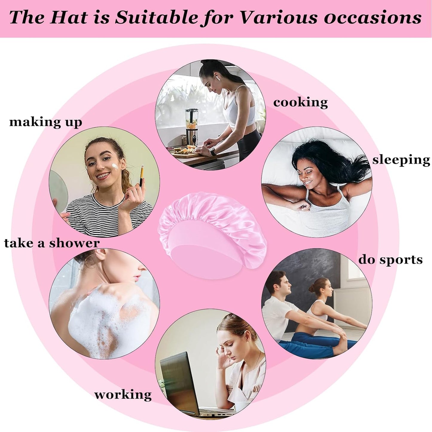 4PCS Silk Satin Bonnets for Black Women & Men - Elastic Wide Band Hair Wrap Cap for Curly Hair - Shower Cap for Sleeping (Black, Peacock Blue, Pink, Khaki)