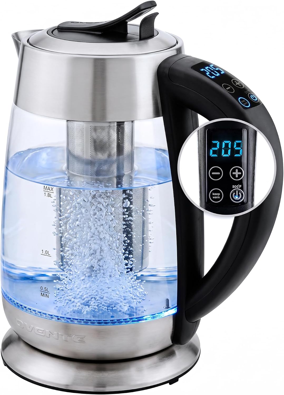 OVENTE 1.8L Glass Electric Kettle with Tea Infuser, Silver KGD752S