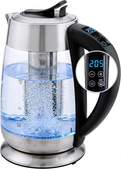 OVENTE 1.8L Glass Electric Kettle with Tea Infuser, Silver KGD752S