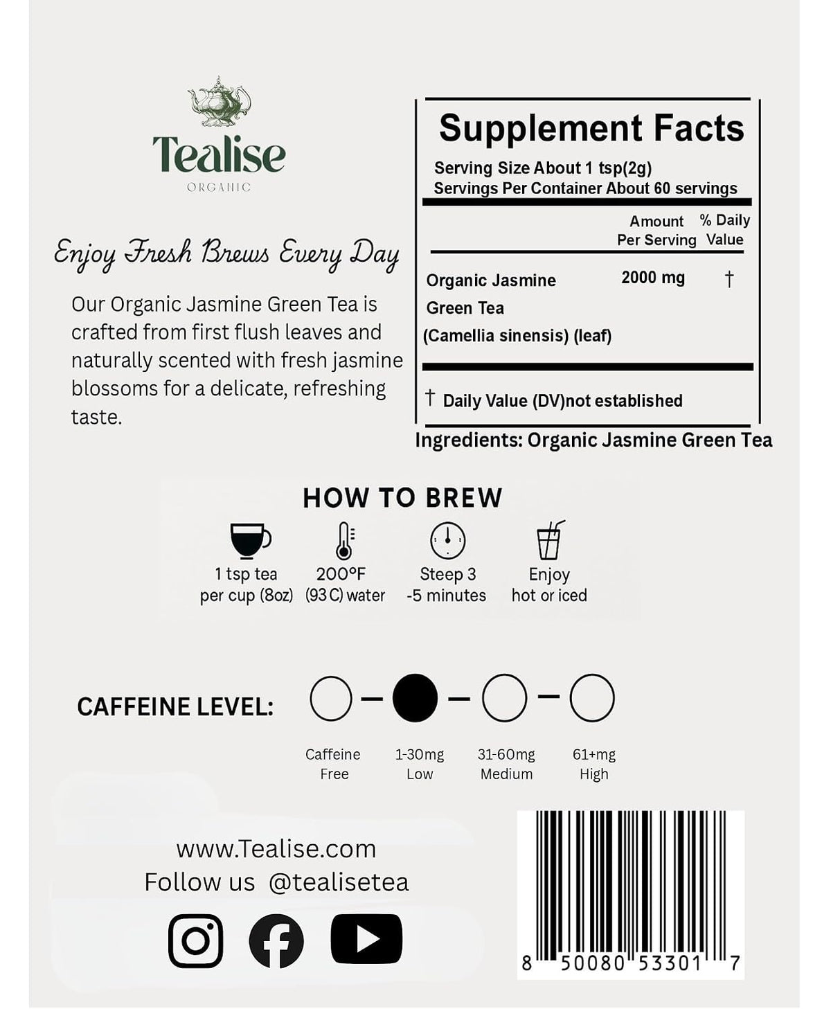 Organic Jasmine Green whole Leaf Pyramid Tea Bags – USDA Organic, Plant-Based & Plastic-Free Tea Bags, Smooth Floral Green Tea, 60 Count by Tealise