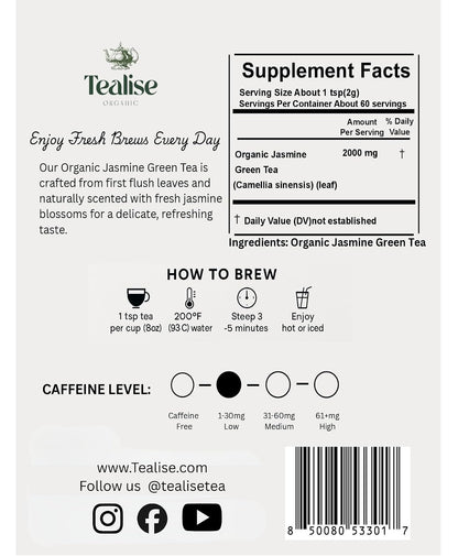 Organic Jasmine Green whole Leaf Pyramid Tea Bags – USDA Organic, Plant-Based & Plastic-Free Tea Bags, Smooth Floral Green Tea, 60 Count by Tealise