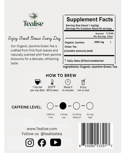 Organic Jasmine Green whole Leaf Pyramid Tea Bags – USDA Organic, Plant-Based & Plastic-Free Tea Bags, Smooth Floral Green Tea, 60 Count by Tealise