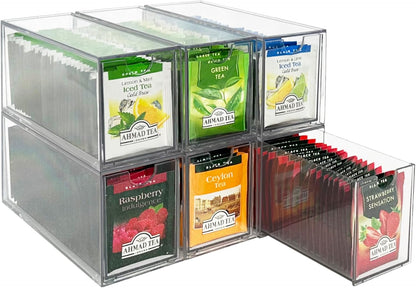 AZEZO 4-Pack Tea Bag Drawers Organizer - 4 Clear Plastic Drawer Tea Bag Holder; Stackable & Portable; Wider Size; Well-Organized Storage for Tea Bags & Kitchen Essentials