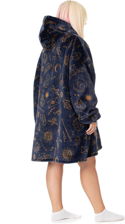 Harry Potter Womens Wearable Blanket Hoodie | Adults Fluffy Fleece Hooded Pullover Hogwarts Graphic | Wizard Lined Loungewear with Big Pocket
