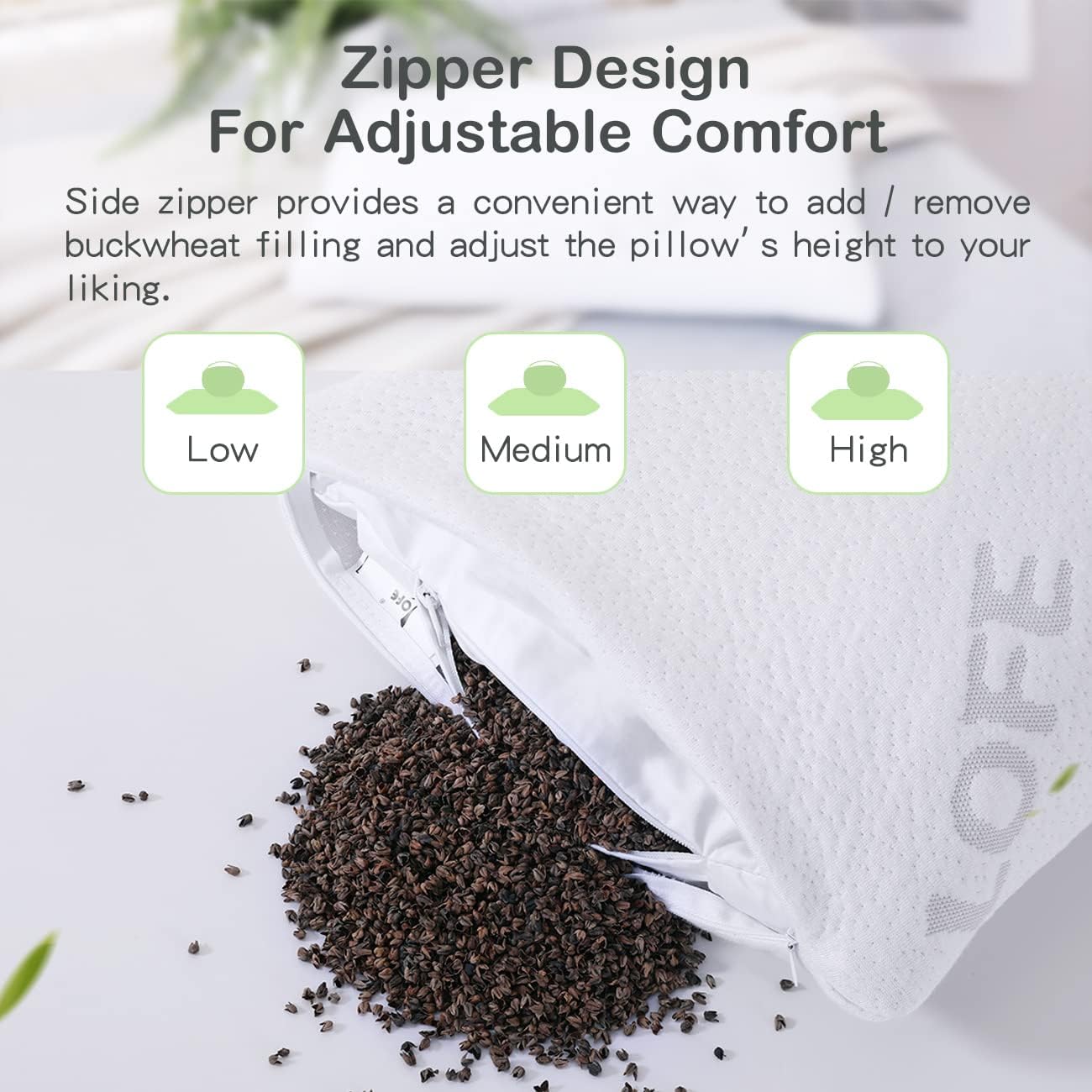 LOFE® Organic Buckwheat Pillow for Sleeping with Organic Cotton Pillowcase | Adjustable Height for Neck Pain Relief, 20x26'' For Side/Back Sleepers, Cooling Pillow, Machine Washable Pillowcase