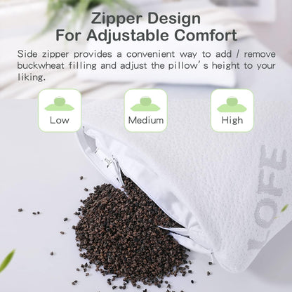 LOFE® Organic Buckwheat Pillow for Sleeping with Organic Cotton Pillowcase | Adjustable Height for Neck Pain Relief, 20x26'' For Side/Back Sleepers, Cooling Pillow, Machine Washable Pillowcase
