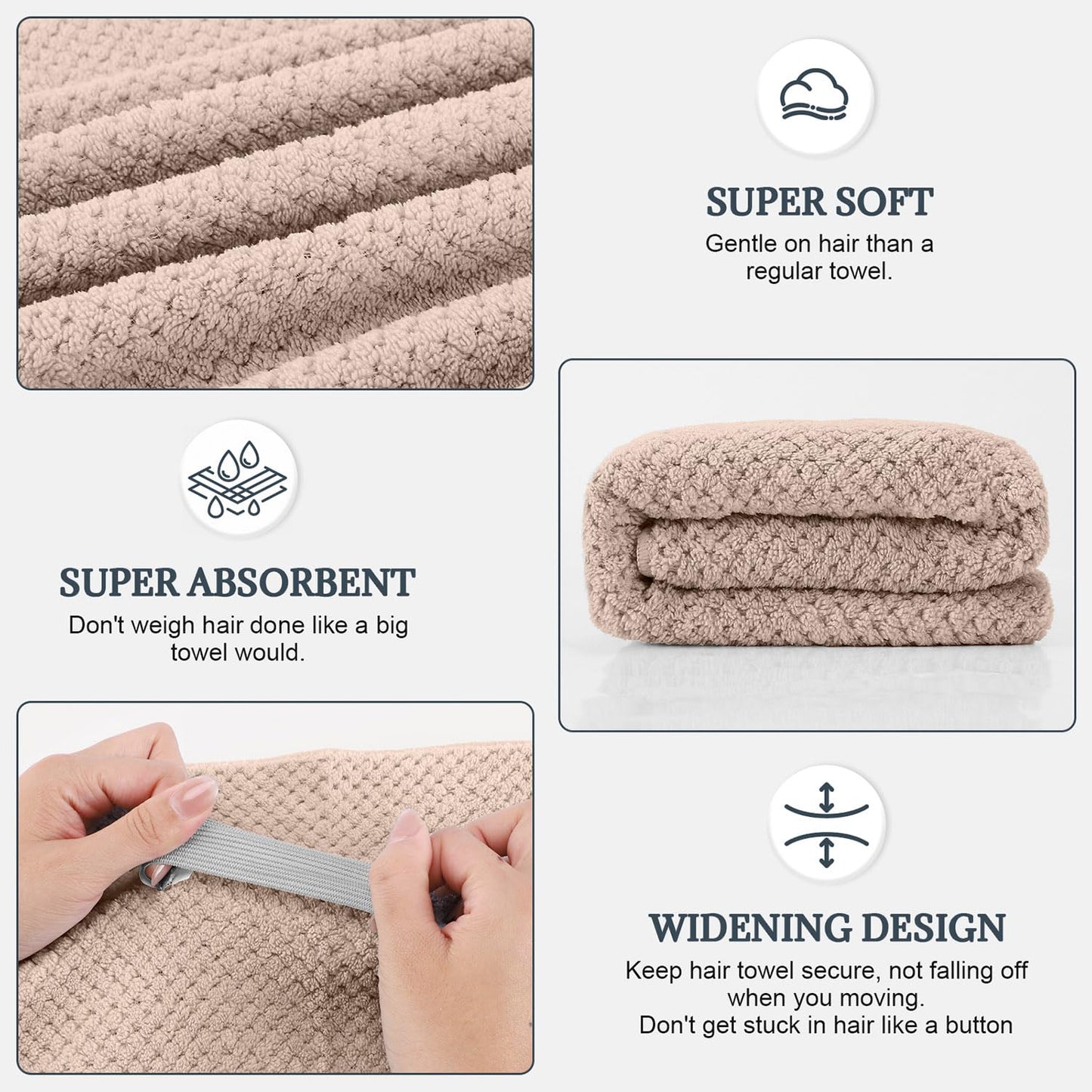2 Pack Microfiber Hair Towel - 41 x 24 inches Super Soft, Absorbent, Fast Drying Without Frizz Hair Towel Wrap for Women Long, Thick, Curly Hair - Hair Turbans with Elastic Strap
